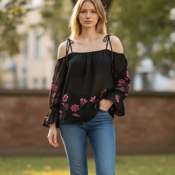 For Love And Lemons Tops - For Love & Lemons Blouse Women L Black Good Floral Embroidered Boho Ribbon Tie